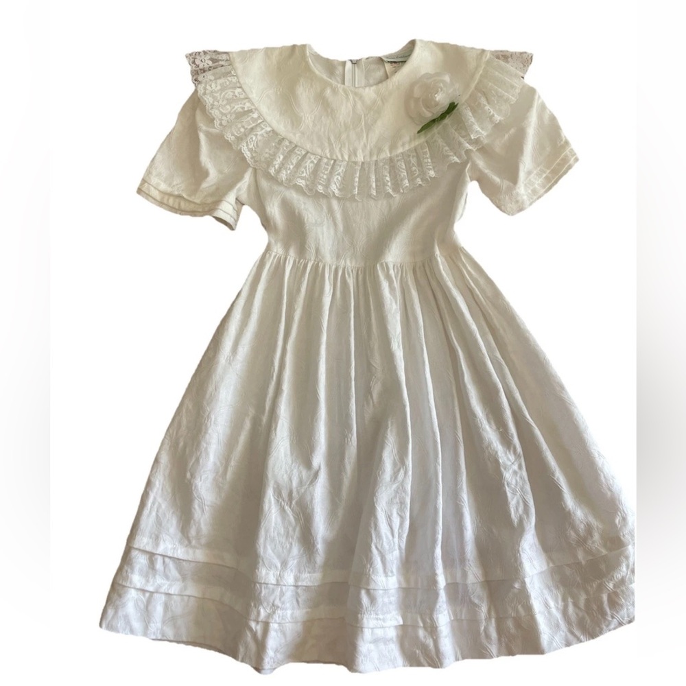 Rare editions VTG 1980s girls all white‎ cotton party dress size 7 rose pin lace